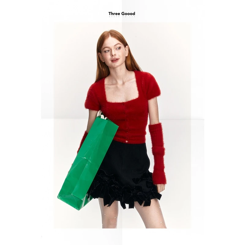 THREE GOOOD/三吉 自然灵韵氛围感甜美风方领袖套针织衫 ZZ230060