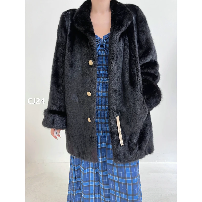 【CJ24】M码 本黑色全抽水貂大衣外套（肩43胸106衣81袖61）