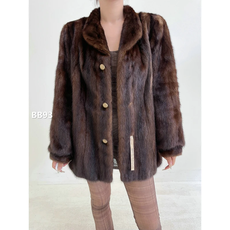 【BB93】S码 焦糖棕全抽竖条水貂大衣外套（肩42胸102衣70袖58）