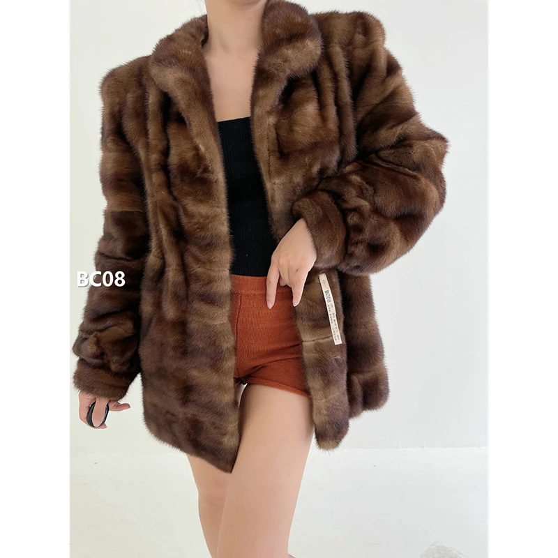 XXXX【BC08】L码 蜜茶棕全抽横纹水貂大衣外套（肩42胸108衣73袖60）