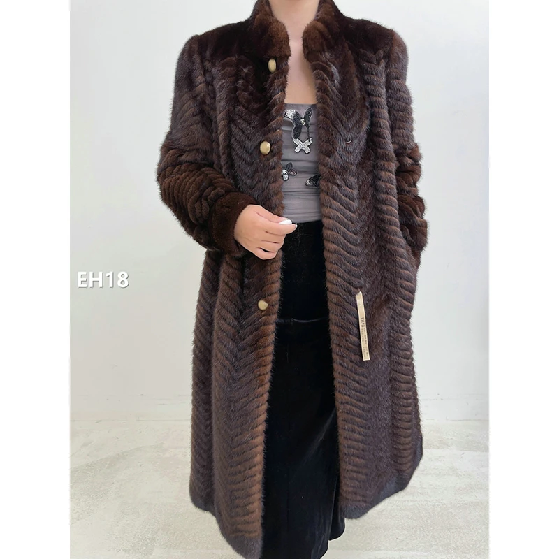 【EH18】XS码 深棕色人字纹水貂大衣外套（肩39胸96衣107袖60）