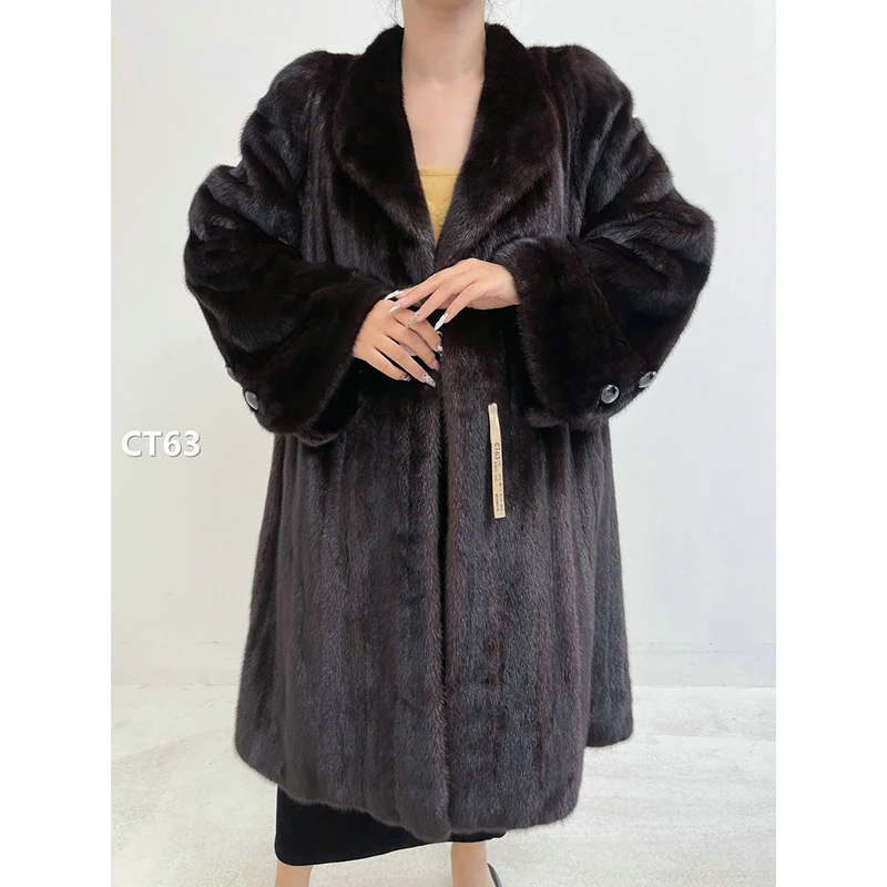 【CT63】L码 棕黑色全抽水貂大衣外套（肩42胸110衣101袖60）