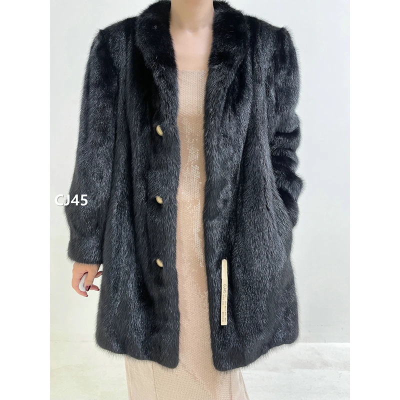 【CJ45】L码 纯黑色全抽水貂大衣外套（肩43胸110衣80袖56）