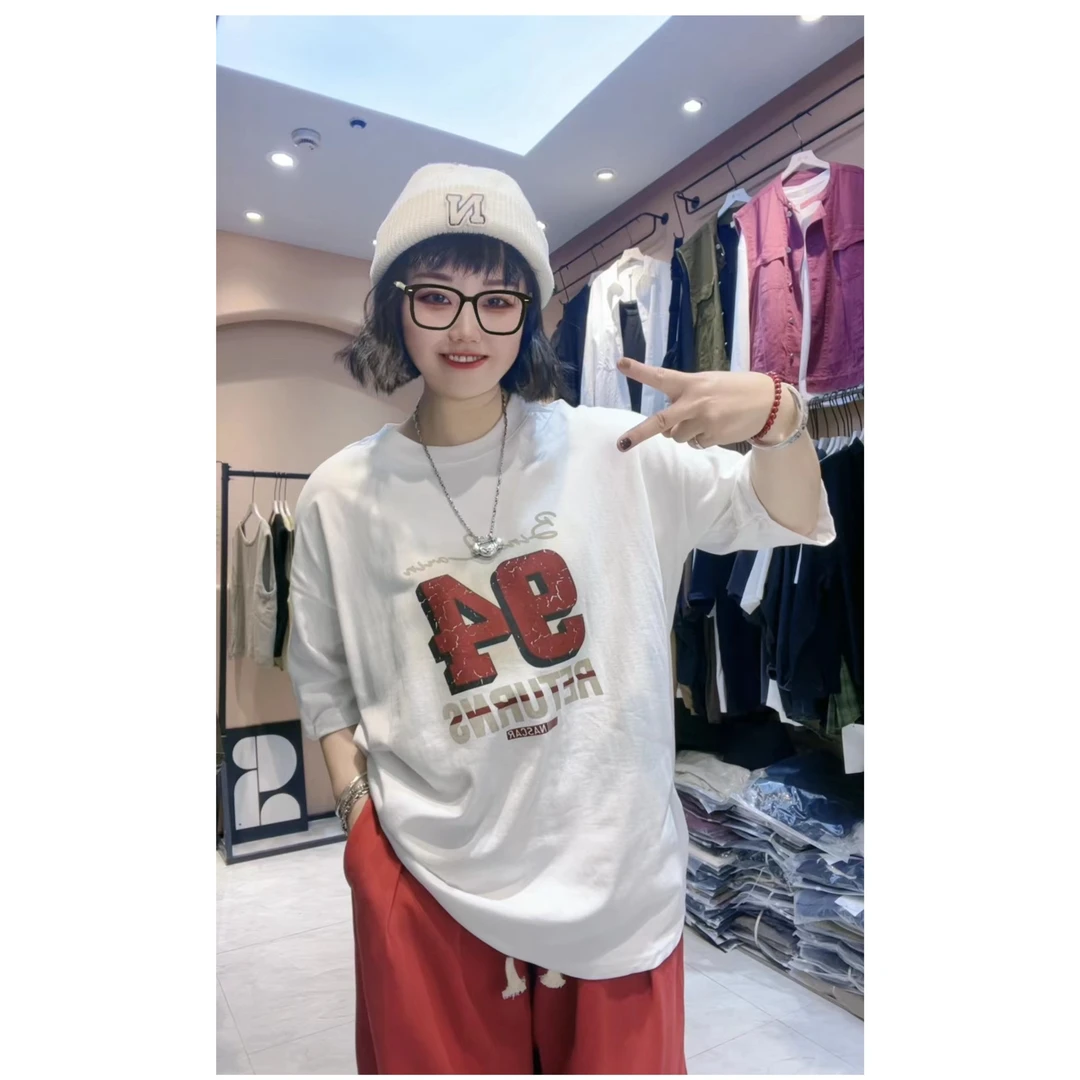 【94短袖】复古数字磨毛短袖大码宽松显瘦百搭休闲夏季T恤女616-28