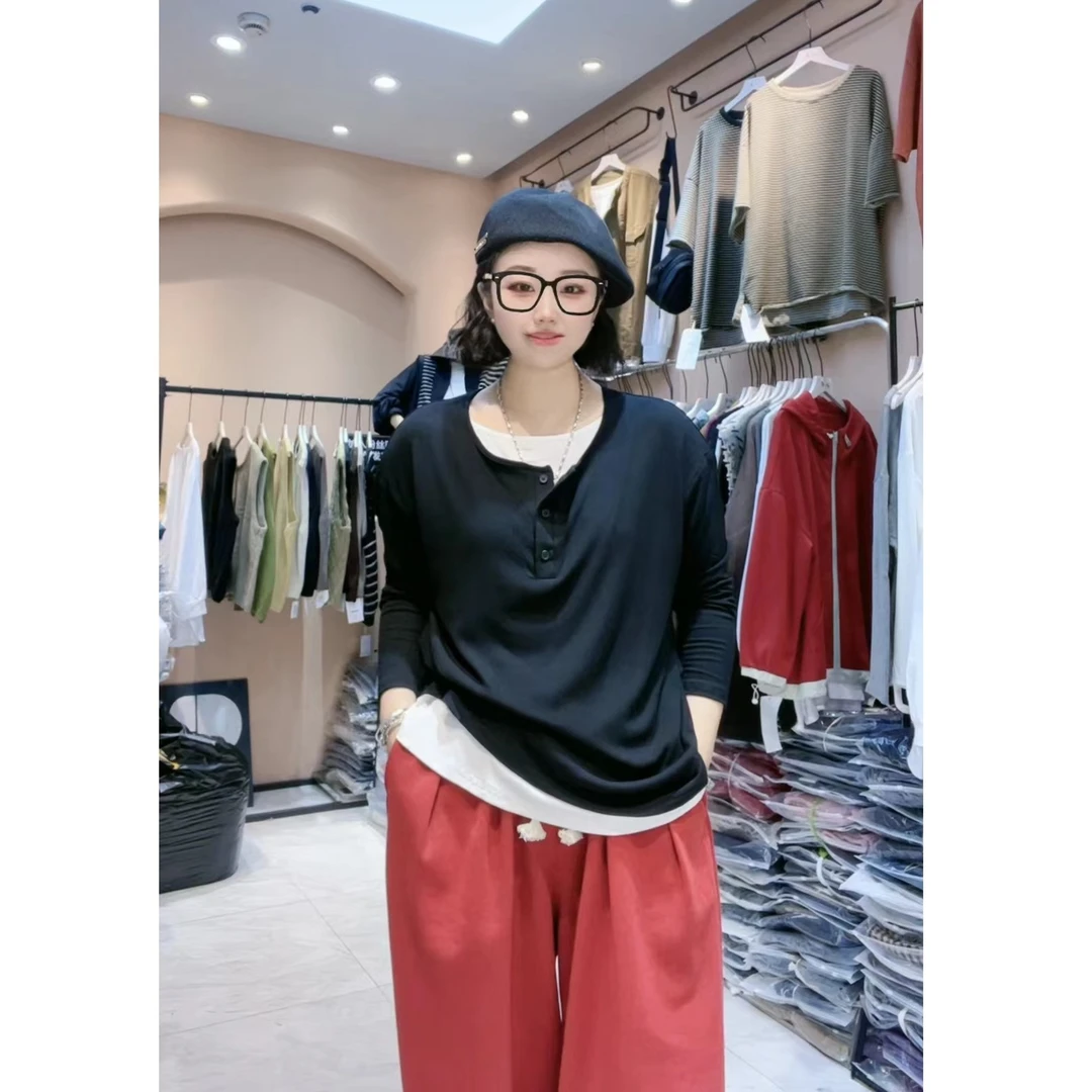 【假两件】复古简约软糯打底衫秋冬大码小众宽松显瘦纯色长袖女3269