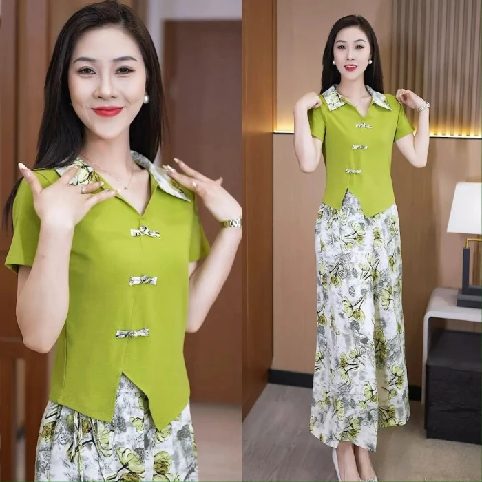 新中式短袖夏季时尚套装女士夏装新款流行洋气时髦妈妈裤裙两件套