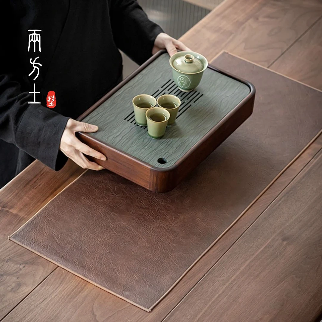 两方土 新中式双面防水皮质茶席垫创意桌旗轻奢干泡席 80*33cm