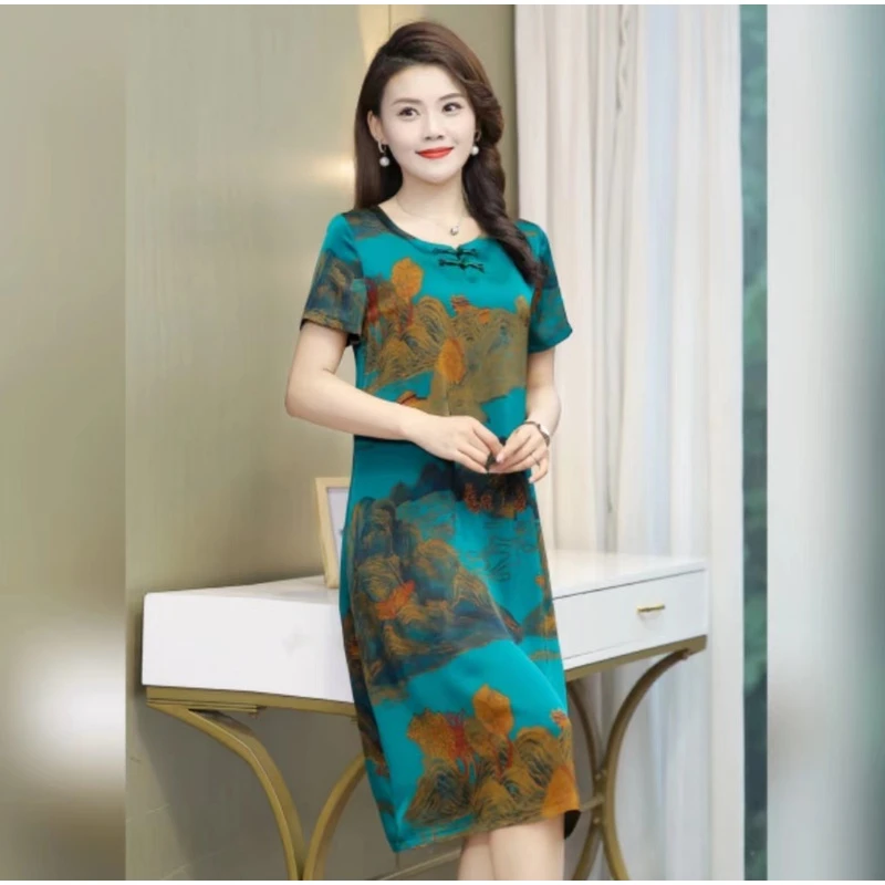 【画姿朵】3791新款圆领盘扣山清水秀直筒百搭气质减龄显瘦女连衣裙