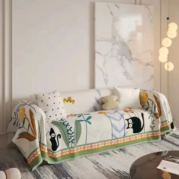 小猫咪美式提花雪尼尔轻奢加厚全盖沙发巾网红简约风格盖布防滑