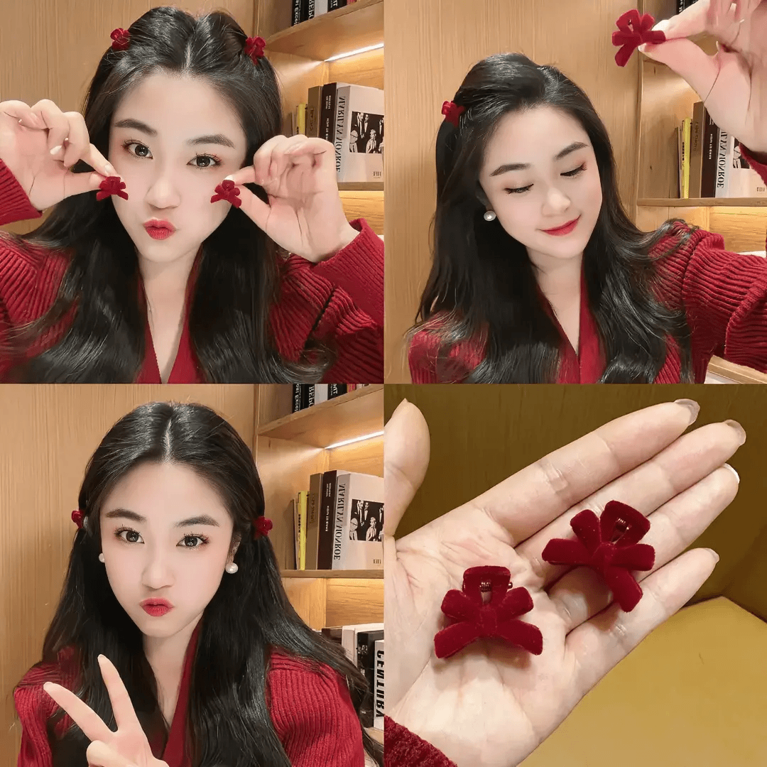 酒红色丝绒蝴蝶结抓夹精致百搭好看侧边夹公主头高级感B