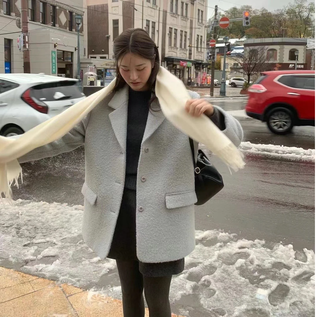 韩国东大门代2025冬ou*ce复古温柔蓝色百搭西装大衣外套