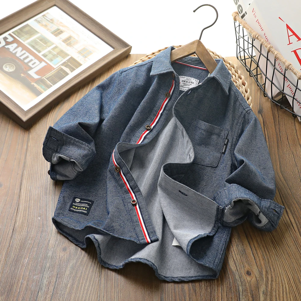 新款春秋款儿童长袖牛仔衬衫洋气上衣童装男童翻领百搭衬衣男孩潮