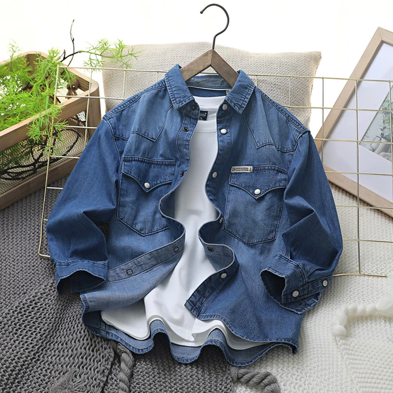 男童长袖牛仔衬衫春秋款洋气百搭翻领上衣儿童衬衣中大童童装外套
