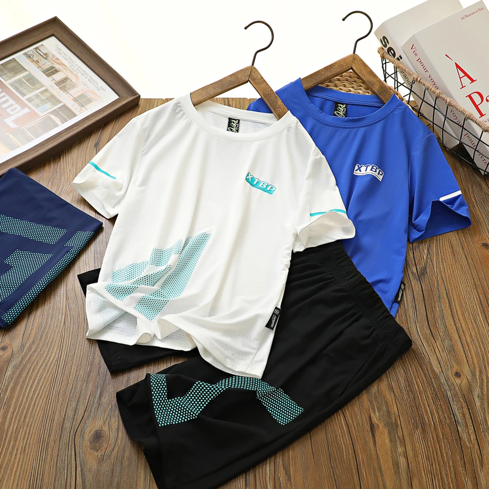 夏季儿童冰丝速干短袖短裤两件套童装男童运动套装t恤中大童体恤