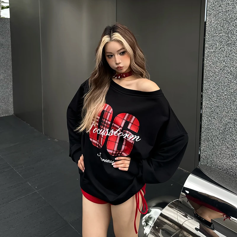 美式街头感斜肩宽松慵懒感卫衣女秋季新款大领口格子字母运动风潮