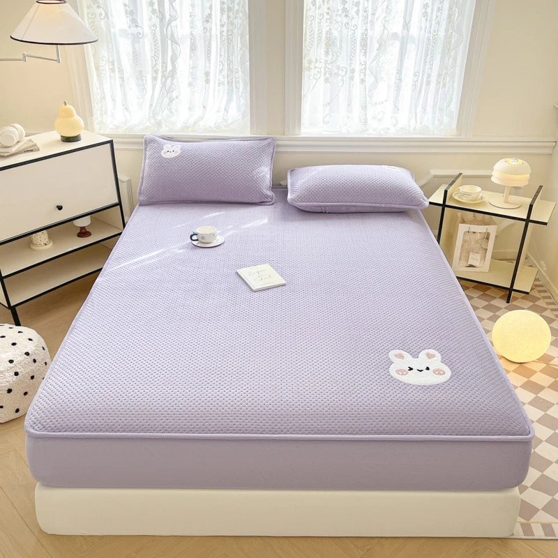 华夫格毛巾绣夹棉床笠透气防滑加厚榻榻米宿舍家用防尘牛奶绒床笠