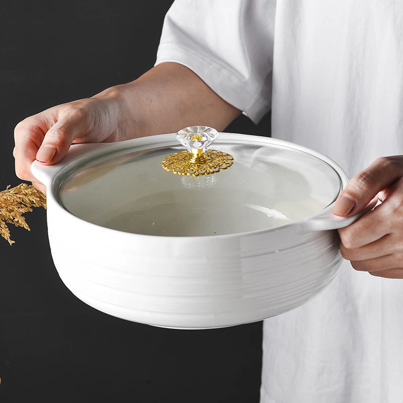 新款家用双耳防烫陶瓷汤盆汤碗简约日式大号大容量带盖特大汤碗