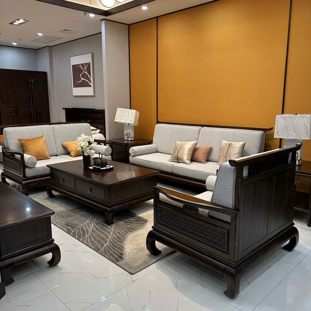 柏莉德一人、二人、三人位家用实木沙发新中式实木乌金木虎腿设计