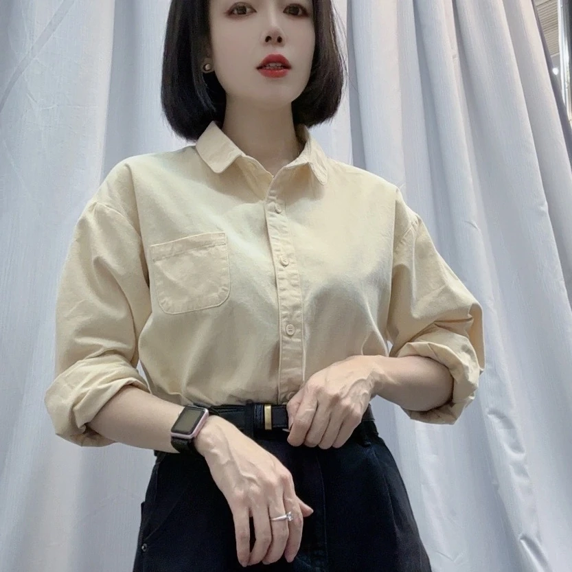 H589休闲纯色棉衬衫女2024秋款高级感时尚减龄显瘦百搭长袖衬衣潮