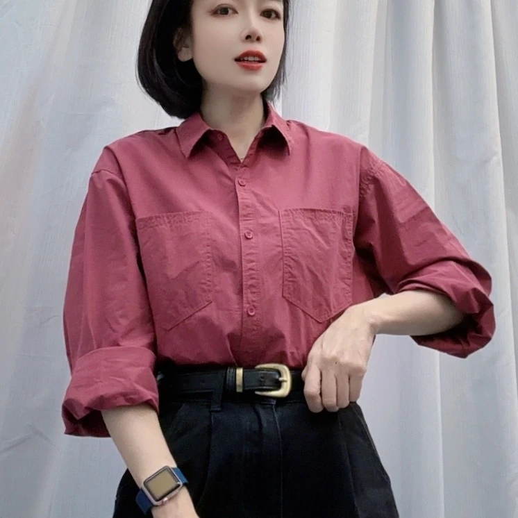 H251设计感纯色棉衬衫女2024秋款休闲时尚减龄显瘦百搭长袖衬衣潮