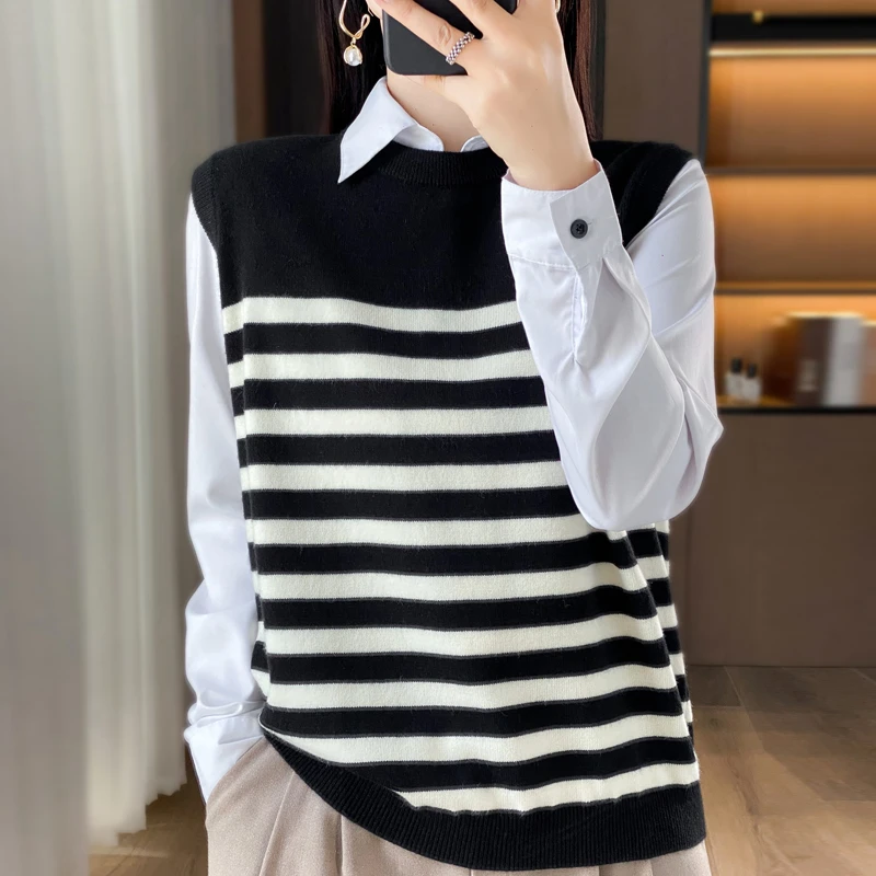 无袖针织套头坎肩女马甲韩版宽松休闲外搭无袖条纹上衣外搭新款女