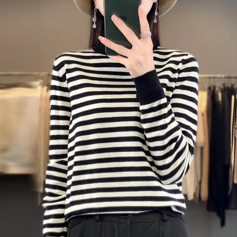 秋冬蕾丝拼接半高领条纹针织打底衫女宽松套头百搭减龄内搭毛衣新