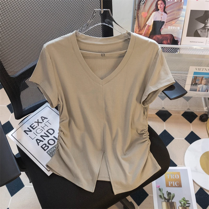2025夏季新款设计感别致小众开叉T恤女胖妹妹时尚V领气质褶皱上衣
