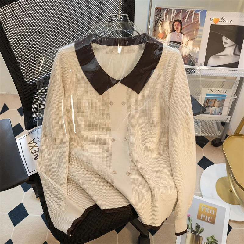 大码女装法式洋气宽松撞色拼接针织衫女2024冬装时尚毛衣打底衫潮