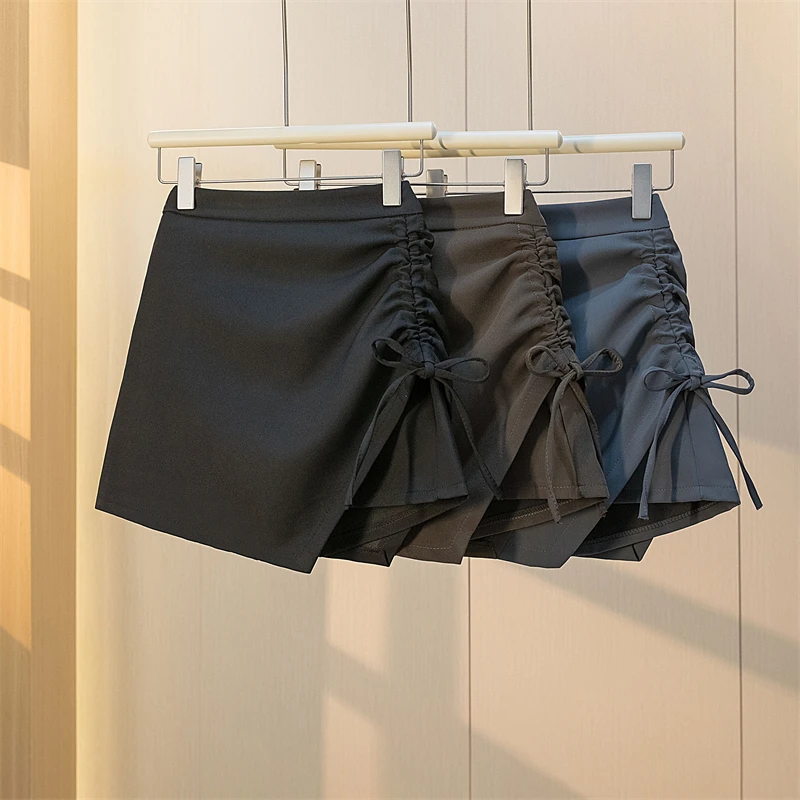 微胖妹妹法式小心机褶皱抽绳A字裙女夏季不规则高腰显瘦半身裙潮