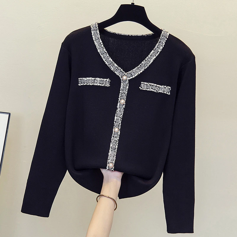 秋装2024新款时尚气质百搭拼接毛衣胖妹妹法式洋气v领长袖针织衫