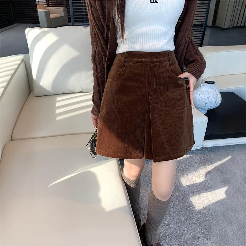 微胖mm复古学院风灯芯绒秋冬遮胯a字设计感条绒半身裙「红人上新」
