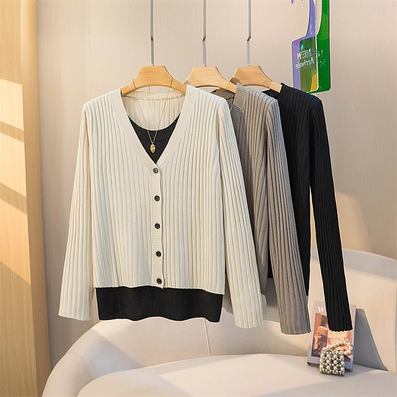 大码女装时尚假两件显瘦减龄针织衫春秋2024新款小心机拼接毛衣潮