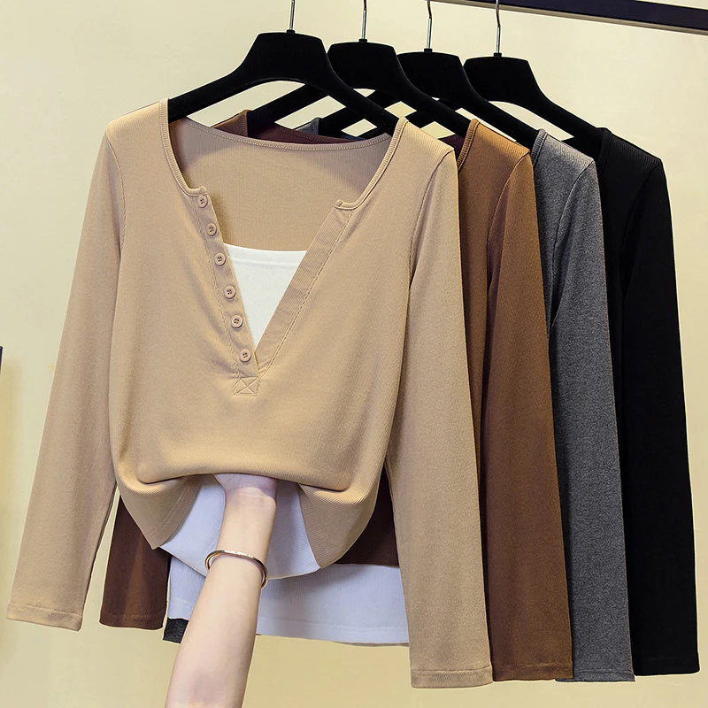 大码女装法式洋气假两件针织衫女2024年秋装新款时尚百搭打底衫潮