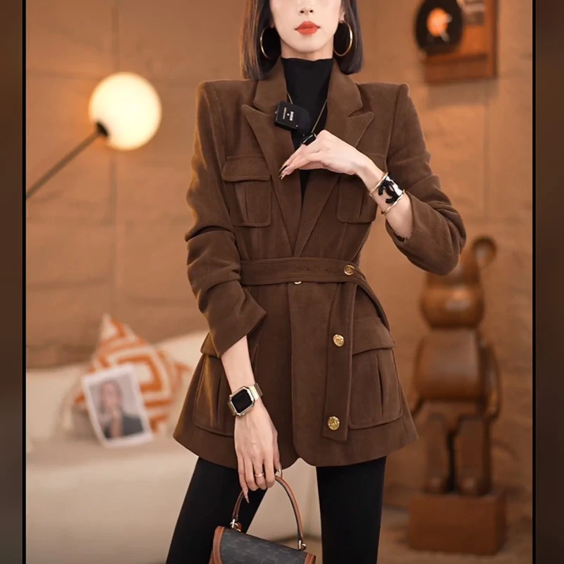 高级感复古西装外套女气质修身腰带收腰休闲显瘦高级感小西服外套