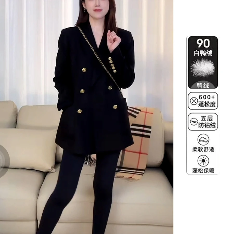 90白鸭绒羽绒西装外套女2025冬季新款气质显瘦高级感羽绒毛呢外套