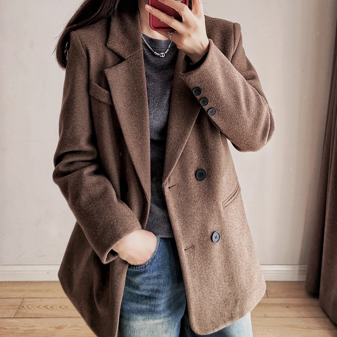 羽绒西装外套女加厚冬季韩版宽松时尚美拉德白鸭绒人字纹西服上衣