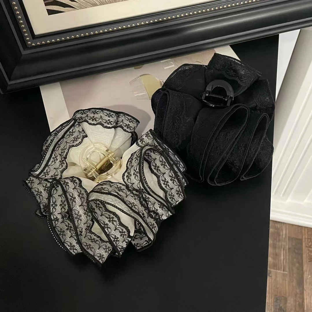 非金属布艺发饰 复古气质蕾丝边抓夹女百搭后脑勺马尾夹法式头饰