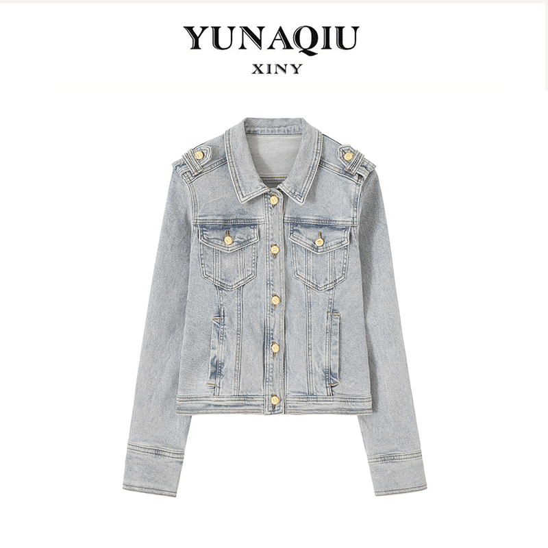 YUNAQIU轻奢设计师百搭牛仔外套气质设计感时尚复古翻领上衣-5640
