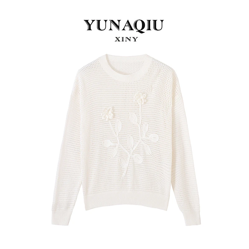 YUNAQIU轻奢设计师镂空圆领时尚长袖针织衫宽松提花上衣-5727