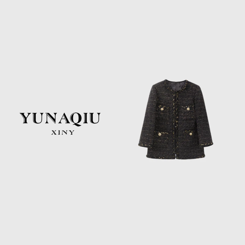 【白姐推荐】 小香风轻奢百搭黑色春季法式名媛秋季粗花呢外套-8754