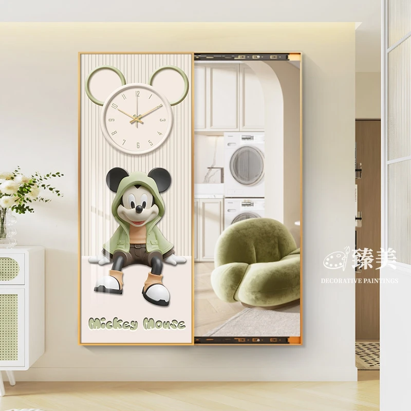 推拉隐藏式全身镜米老鼠隐形穿衣镜装饰画镜子可关闭玄关带钟壁画