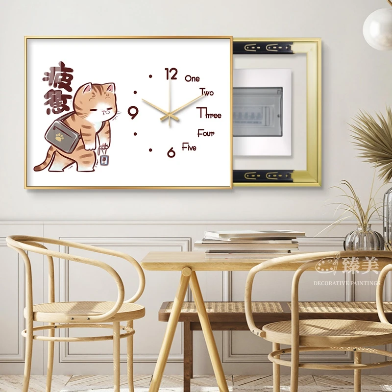 可爱猫咪电表箱装饰画带钟表挂钟免打孔遮挡配电箱电源电闸盒挂画