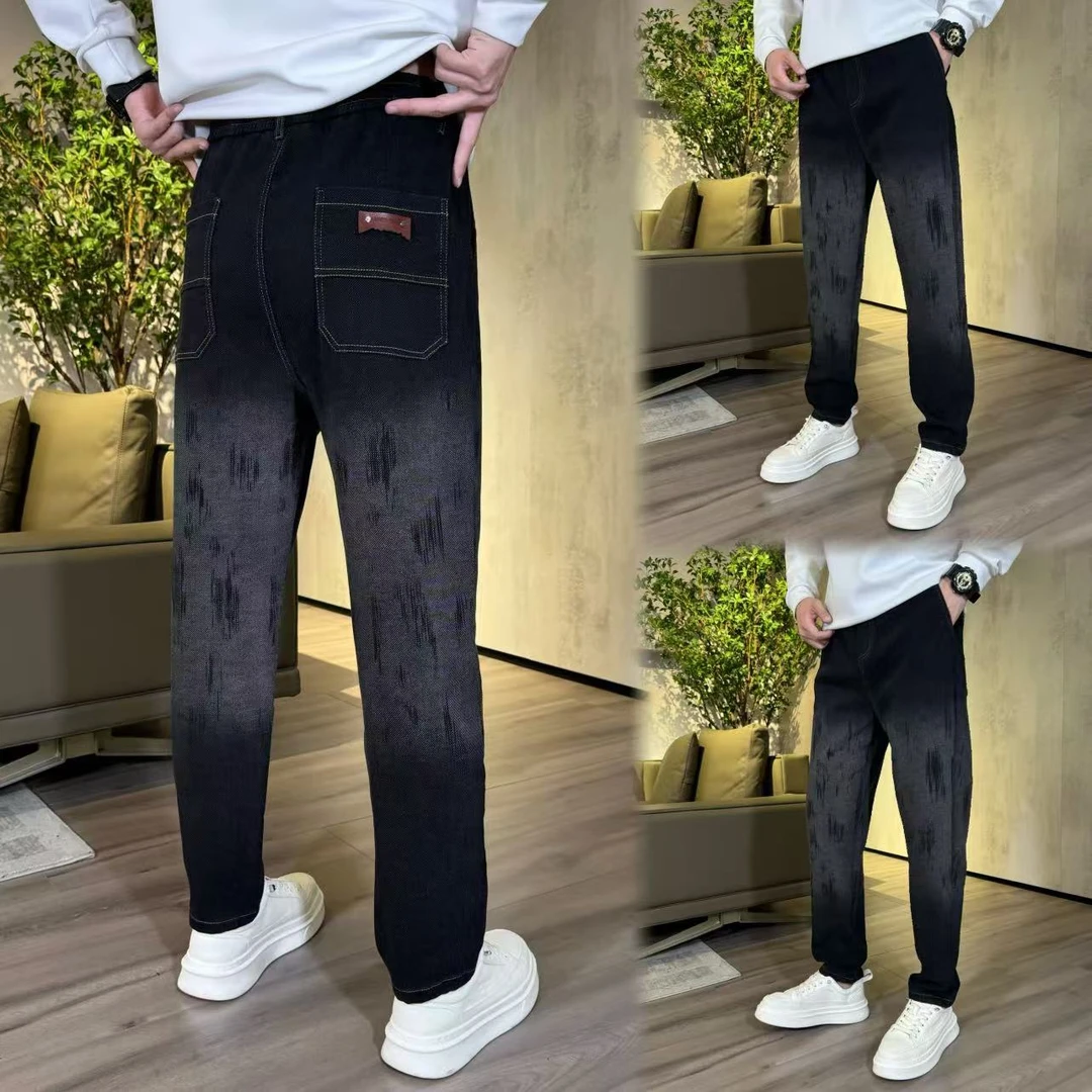牛仔裤男士新款渐变色束脚休闲裤修身高弹力加绒加厚小直筒裤3096
