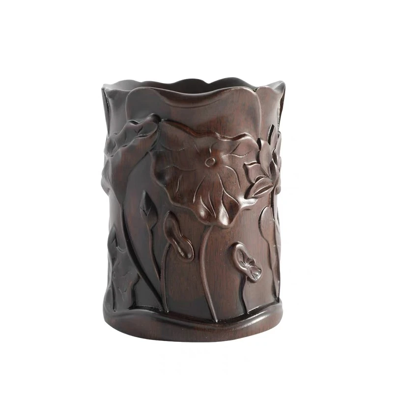 黑檀荷花笔筒复古桌面摆件原文房用品礼品中国风HT木雕