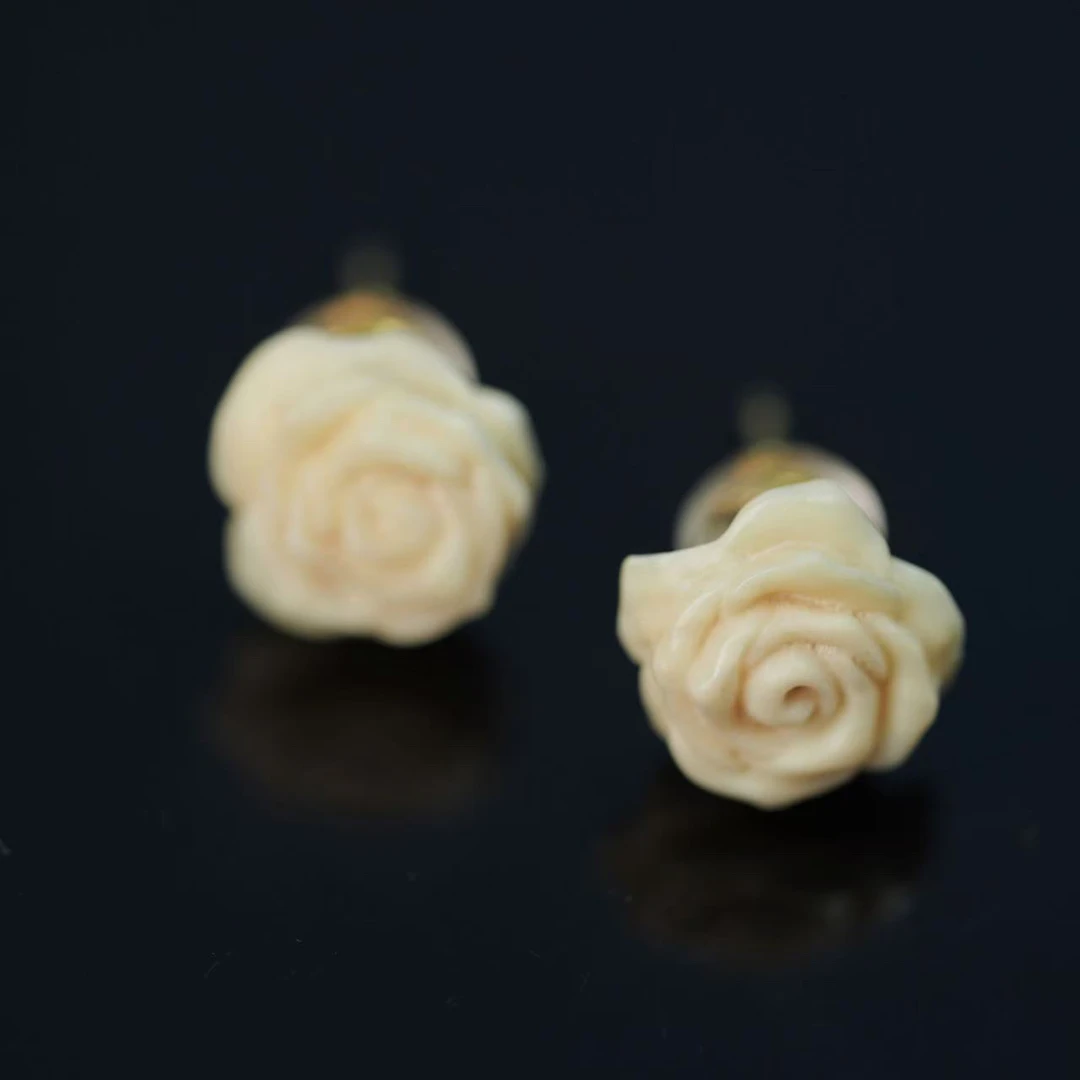 猛犸牙玫瑰花雕刻耳一对猛犸牙