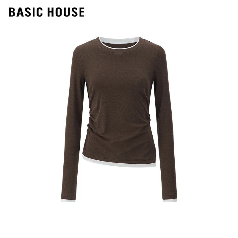 百家好/Basic House双侧抽褶假两件长袖T恤女撞色修身显瘦上衣春
