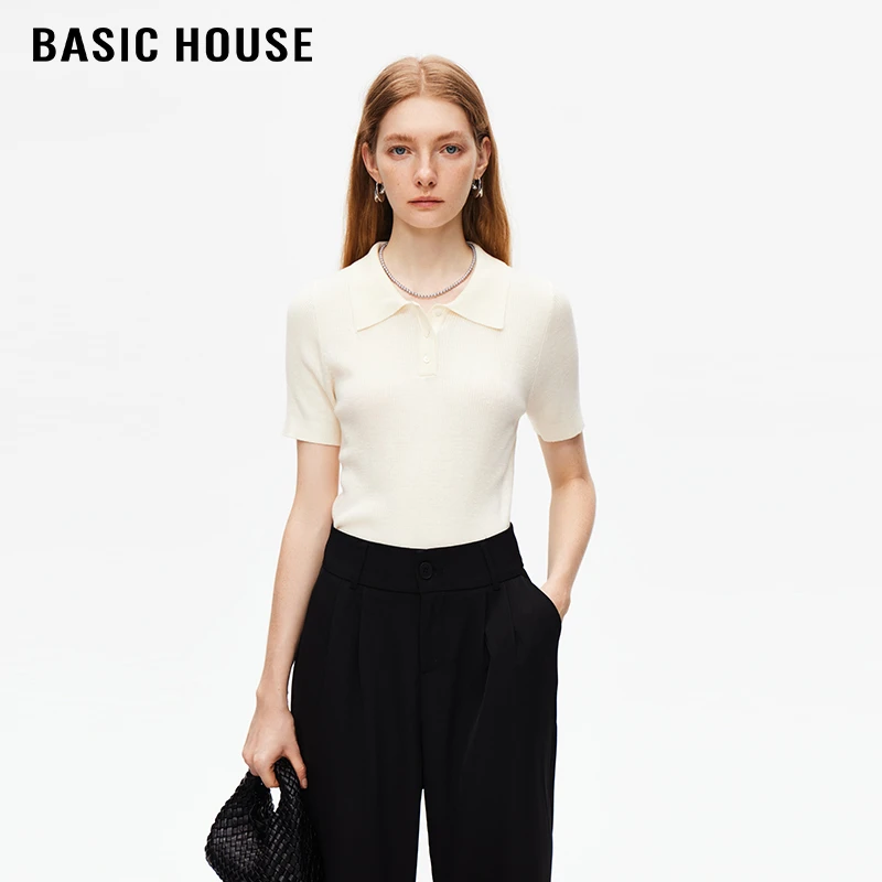 百家好/BasicHouse翻领纽扣套头针织短袖女百搭简约小众上衣夏季