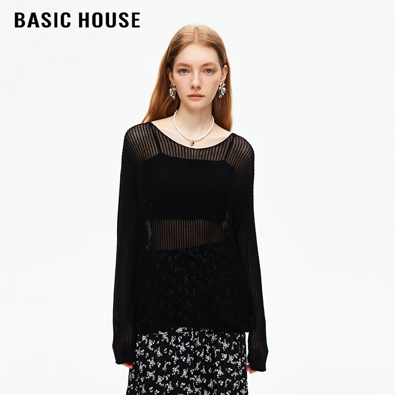 百家好/Basic House圆领套头针织衫女简约纯色百搭气质长袖上衣春