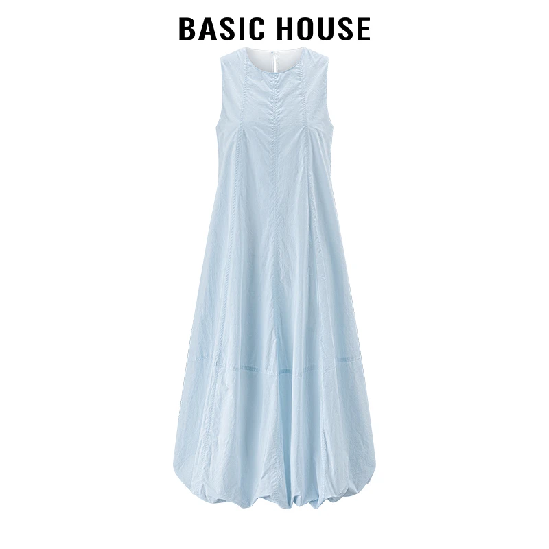 百家好/Basic House圆领拼接背心连衣裙女褶皱花苞下摆长款裙子夏