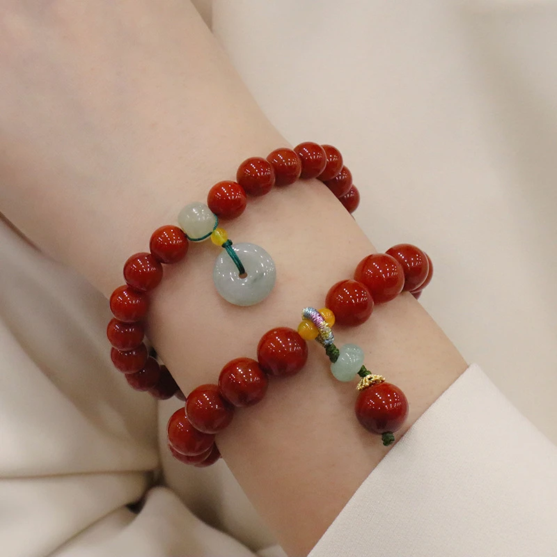 天然南红玛瑙手链吊翡翠平安扣新中式男女手串高级感串珠手饰品